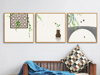 新中式田园沙发背景卧室餐厅墙面现代茶室茶馆墙画（三联画） 晶瓷画