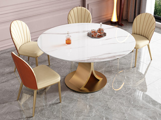  轻奢风格 防刮耐磨 12mm亮光羊脂白玉岩板+不锈钢钛金底架 1.35米餐桌