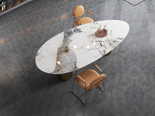  轻奢风格 防刮耐磨 潘多拉亮光岩板+不锈钢钛金底架 金色钛金异形餐桌 2.2米餐桌