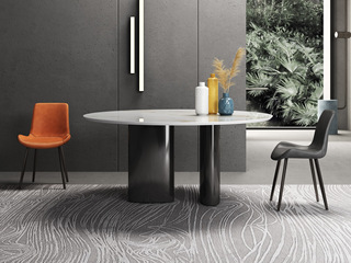  极简风格 防刮耐磨 哑光兰铂斯金岩板+不锈钢灰钢色 圆台 1.2米餐桌（两脚）