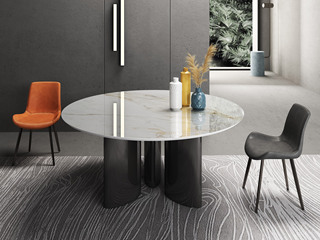  极简风格 防刮耐磨 哑光兰铂斯金岩板+不锈钢灰钢色 圆台 1.35米餐桌（三脚）