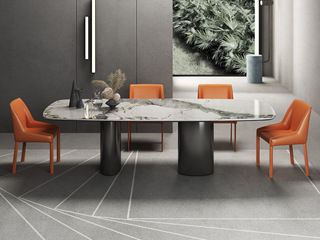  极简风格 防刮耐磨 潘多拉亮光岩板+不锈钢灰钢色 方台 1.8米餐桌