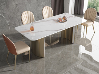  轻奢风格 防刮耐磨 12mm亮光羊脂白玉岩板+不锈钢 1.6米餐桌