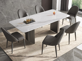  轻奢风格 防刮耐磨 12mm亮光羊脂白玉岩板+不锈钢黑钛底架 半月台 1.6米餐桌