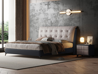  现代简约 优质皮艺+实木框架 浅灰色+深灰色 1.5*2.0米床（搭配10公分松木排骨架）