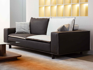  极简风格 超纤皮+棉麻+实木框架+高密度回弹海绵 三人位沙发（整体沙发，下单前需确认电梯尺寸)