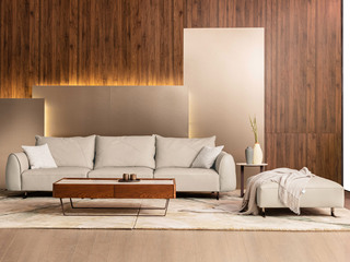  极简风格 头层进口小黄牛皮+实木框架+鹅绒 米白色 组合沙发 四人位+脚踏