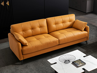  现代简约 头层黄牛皮+海绵+公仔棉+实木框架 三人位沙发（含腰枕）