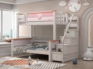  简美风格 橡胶木+松木床板条 环保健康 儿童床 1.35*1.9米子母床（含梯柜）