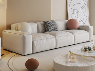  现代简约 奶油风 健康环保 超柔科技布 坐感舒适 45D高密度Q弹海绵 实木框架 羽毛白 四人位沙发