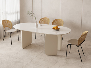  现代简约 奶油风 个性桌面设计椭圆款 雪山石亮光岩板 环保烤漆工艺 1.4米 餐桌