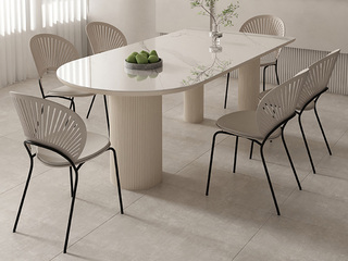 现代简约 奶油风 个性桌面设计矩形椭圆相结合 进口亮光岩板 环保烤漆工艺 1.4米 餐桌