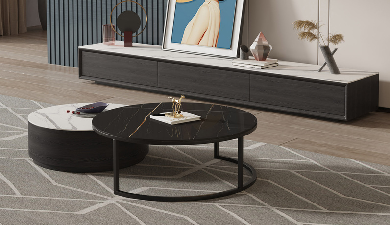 米勒 现代极简 黑色柜体+雪山白台面岩板 电视柜（长2米）