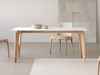  北欧风格 雪山石哑光岩板 坚固白蜡木架 原木色 1.3米餐桌