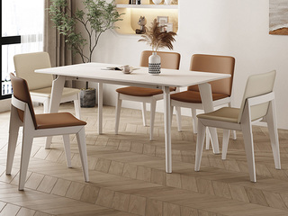  北欧风格 纯色哑光岩板 坚固白蜡木架 奶白色 1.3米餐桌
