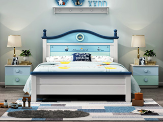  简美风格 橡胶木+松木床板条 环保健康 儿童床 奶昔色+蓝色 1.5*1.9米