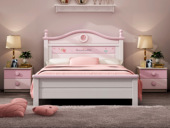 帕帕猫 简美风格 橡胶木+松木床板条 环保健康 儿童床 奶昔色+粉色 1.5*2.0米