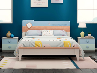  简美风格 橡胶木+榉木+松木床板条 环保健康 儿童床 水洗白+蓝色 1.5*2.0米
