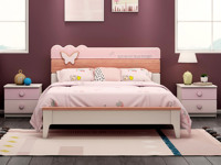 帕帕猫 简美风格 橡胶木+榉木+松木床板条 环保健康 儿童床 水洗白+粉色 1.5*1.9米