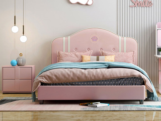  简美风格 科技皮+硅胶皮+松木框架 环保健康 儿童床 粉色 1.5*2.0米（搭配松木静音床板）