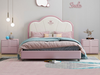  简美风格 科技皮+硅胶皮+松木框架 环保健康 儿童床 粉色 1.5*2.0米