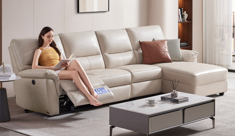 【现货】芝华仕 旗舰款 现代简约巴西进口头层牛皮智能电动多功能象牙白真皮转角沙发 正向曲尺（电动可躺）（1+3+左贵妃）（此款不含抱枕）（此产品有短途物流费）