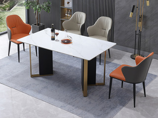  轻奢风格 金色不锈钢+碳素钢架+亮光雪山石岩板 1.6米餐桌