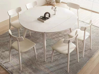  奶油风  亮光纯白色岩板+进口橡木桌脚  方圆两用伸缩 1.3米 餐桌