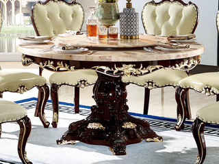  欧式新古典黑檀系列 粉龙玉大理石+进口榉木+黑檀 1.5米 餐桌（含直径90cm转盘）