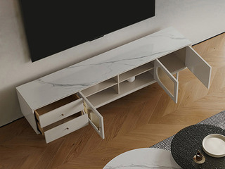  极简风格 设计师颜值创意电视柜 雪山白岩板台面 实木抽屉 2.0米电视柜