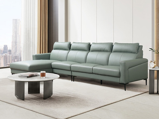  极简风格 科莫系列 进口头层牛皮+高密回弹海绵+俄罗斯落叶松木框架+金属脚  独立双层靠头 呵护头颈 鸦青色 转角沙发 1+3+右贵妃（此产品有短途物流费）