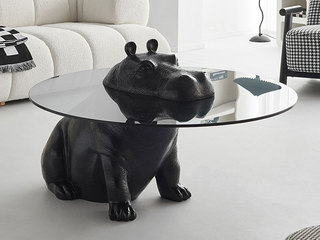  极简风格 创意动物造型 宽大置物台 黑色钢化玻璃台面 1.2米 河马茶几