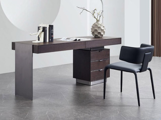  极简风格 烟熏色木皮+高光灰色+不锈钢架 1.8米 书桌