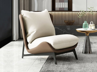  现代简约 沙发椅 牛奶绒+乳胶颗粒坐垫+羽绒靠包+碳素钢底架 棕色+米白 休闲椅