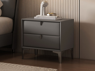  现代简约 猫爪皮+实木抽屉+碳铸钢 深灰色 床头柜
