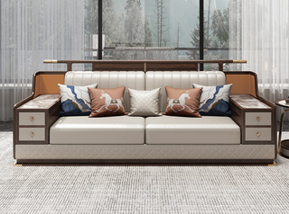  新中式 珍贵柚檀色小叶龙凤檀木+纳帕皮+冷翡翠岩板 直排四人位沙发