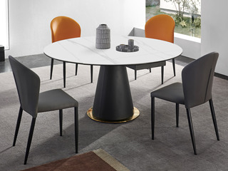  现代简约 耐磨耐高温哑光岩板+碳素钢脚  1.35米 旋转伸缩 方圆两用 餐桌（单台面）