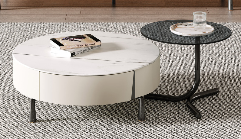 歌迪 极简风格 微晶石+钢化灰玻+亚光杏色烤漆+五金脚 茶几组合（大圆+小圆）