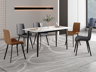  极简风格 光滑细腻 耐磨防污 雪山白哑光岩板桌面+碳钢 1.6米 马肚形岩板 餐桌