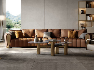  轻奢风格 真皮+实木+高密度海绵+不锈钢镀金 弧形 六人位沙发