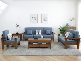  现代简约实木沙发 胡桃色布艺沙发 中式实木 北欧布艺 小户型家用 双人位