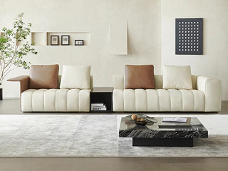  极简风格 钢琴键沙发 透气舒适 柔韧细腻  仿真皮 天然蓬松羽绒靠包填充 高密度回弹海绵 结实耐用实木框架 组合沙发 直排五人位右扶手