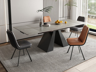  现代简约  12MM哑光岩板+碳素钢脚+合金+静音滑轨钢珠  1.4米 拉伸餐桌