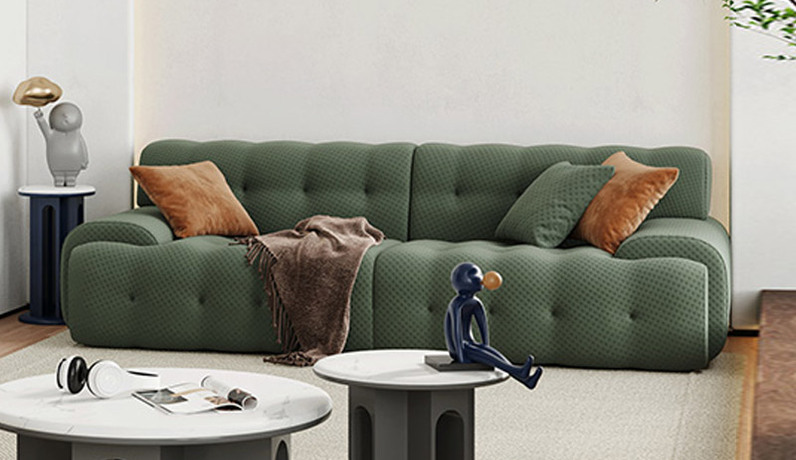 罗曼仕 意式极简设计款 罗奇堡沙发 高精密针织面料 手工拉点工艺 高回弹海绵 橄榄绿 四人位沙发（不含抱枕）