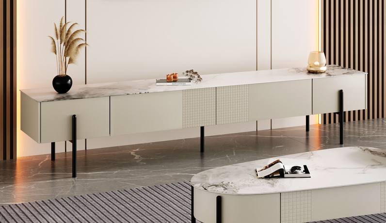 歌迪 极简风格 设计师推荐款 6mm香奈儿亮光岩板面 静音缓冲滑轨 2.0米 高脚电视柜