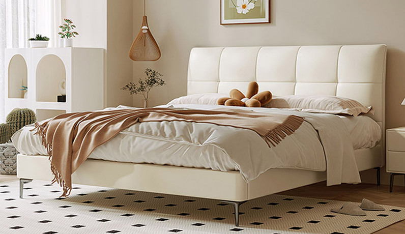 歌迪 极简风格 格子软包床 抗皱耐撕拉仿真皮 内柔外刚高回弹海绵 健康环保落叶松实木框架 奶油白 1.8*2.0米床（搭配10公分松木排骨架）