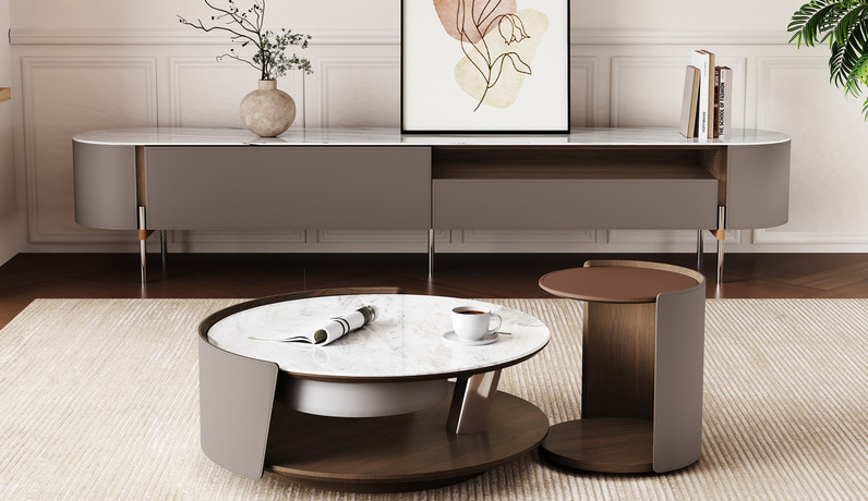 诺美帝斯 极简风格 易清洁 耐污染微晶石台面 黑胡桃木+马鞍皮面柜体 2.2米 电视柜