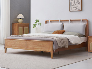  侘寂风 藤编床头设计 泰国进口橡胶木 无靠包 浅柚色 静音床板 1.8*2.0米床（此配置不含床头软包）