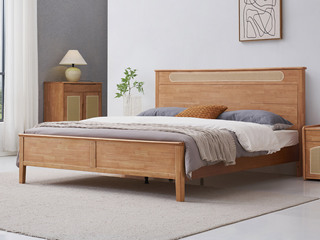  侘寂风 藤编床头设计 原始清晰木纹 泰国进口橡胶木 静音床板 浅柚色 1.8*2.0米床