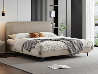  极简风格 高定头层黄牛皮 内柔外刚高回弹海绵 俄罗斯进口落叶松实木框架 1.5*2.0米 浅卡其 真皮床（搭配10公分松木排骨架）